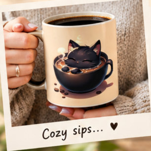 Cute black cat swim into coffee mug. Mug