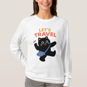 Cute Black Cat Travel Adventure Illustration T-Shirt