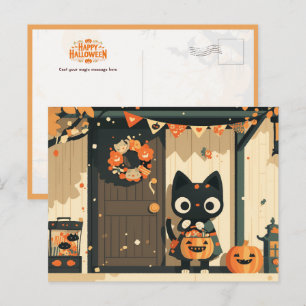 Cute Black Cat Trick or Treat Halloween Holiday Postcard