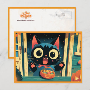 Cute Black Cat Trick or Treat Halloween Holiday Postcard