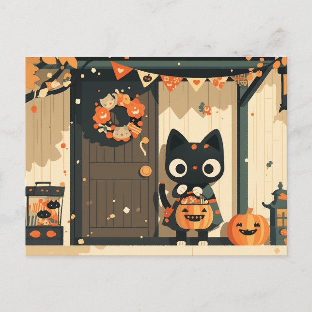 Cute Black Cat Trick or Treat Halloween Postcard (Front)