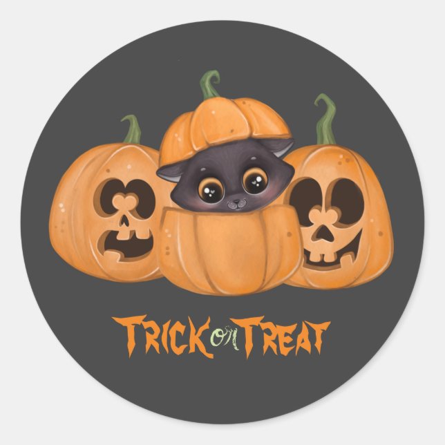 Cute black cat Trick or treat pumpkins Halloween Classic Round Sticker (Front)