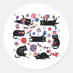 Cute Black Cat USA Flag Firework Patriotic 4th of Classic Round Sticker