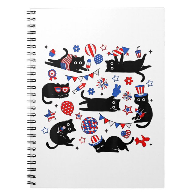 Cute Black Cat USA Flag Firework Patriotic 4th of  Notebook (Front)