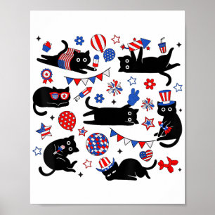 Cute Black Cat USA Flag Firework Patriotic 4th of Poster