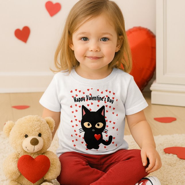 Cute Black Cat Valentine's Day Holiday Hearts Baby T-Shirt (Valentine Sweetheart in Red  This cozy toddler tee stars a wide-eyed kitty and a heart full of love)