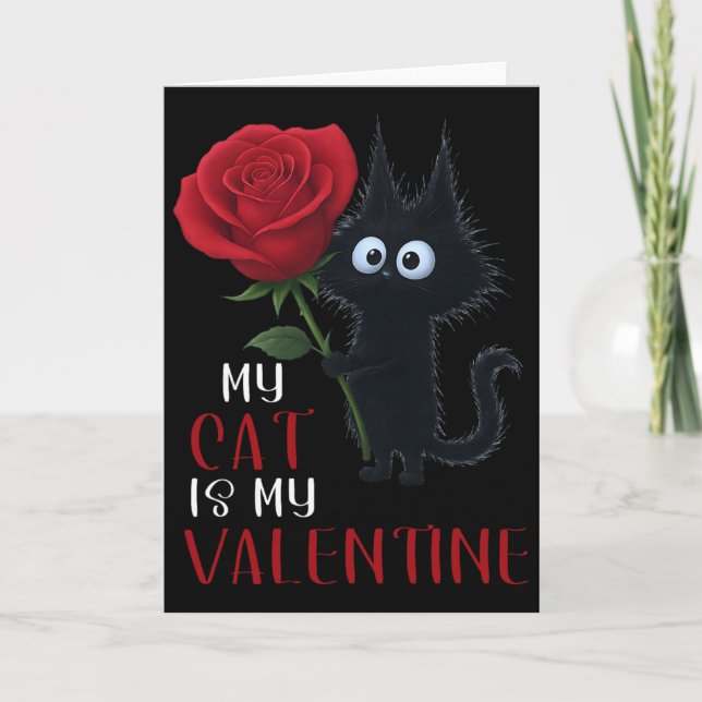 Cute Black Cat Valentine's Day Rose  Card (Front)