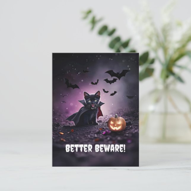 Cute Black Cat Vampire Halloween Holiday Postcard (Standing Front)