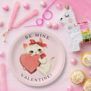 Cute Black Cat Vintage Be Mine Valentine Paper Plate