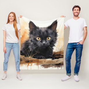 Cute Black Cat Watercolor Art Fleece Blanket