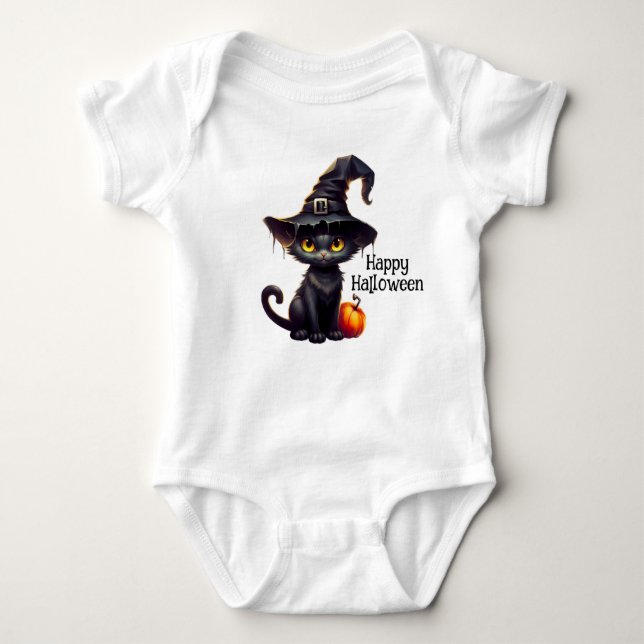 Cute black cat wearing a witches hat baby bodysuit (Front)