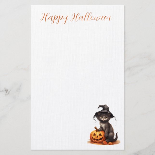 Cute Black Cat wearing a Witches Hat with Pumpkin Stationery (Front)
