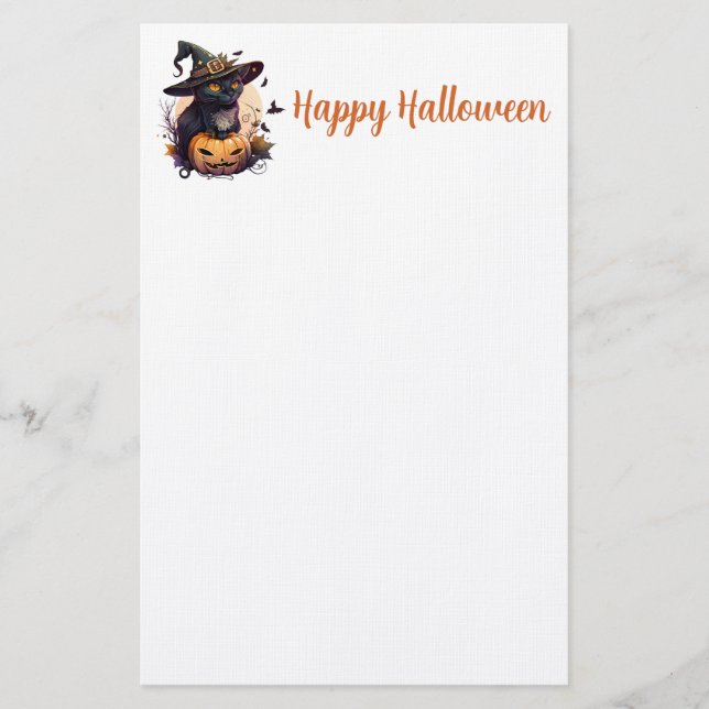 Cute Black Cat wearing a Witches Hat with Pumpkin Stationery (Front)
