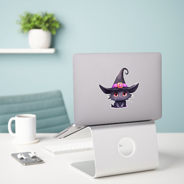 Cute Black Cat Wearing a Witch's Hat (Laptop On Desk)