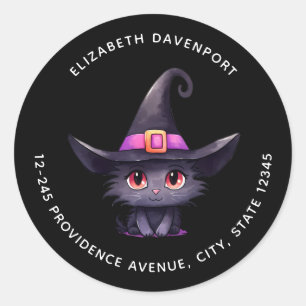 Cute Black Cat Wearing a Witch's Hat Address Classic Round Sticker