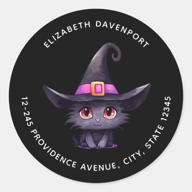 Cute Black Cat Wearing a Witch's Hat Address Classic Round Sticker (Front)