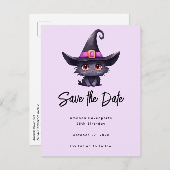 Cute Black Cat Wearing a Witch's Hat Announcement Postcard (Front/Back)