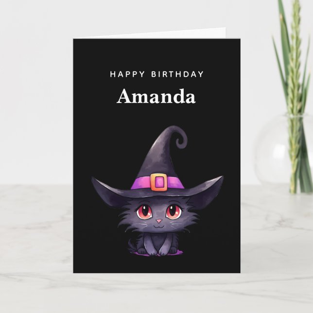 Cute Black Cat Wearing a Witch's Hat Birthday Card (Front)