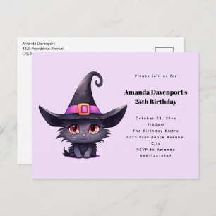 Cute Black Cat Wearing a Witch's Hat Birthday Invitation Postcard