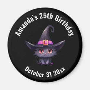 Cute Black Cat Wearing a Witch's Hat Birthday Magnet