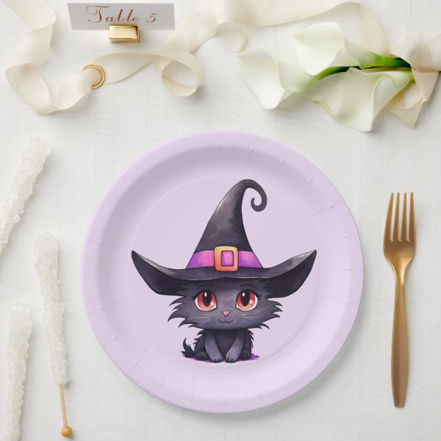 Cute Black Cat Wearing a Witch's Hat Birthday Paper Plate (Wedding)