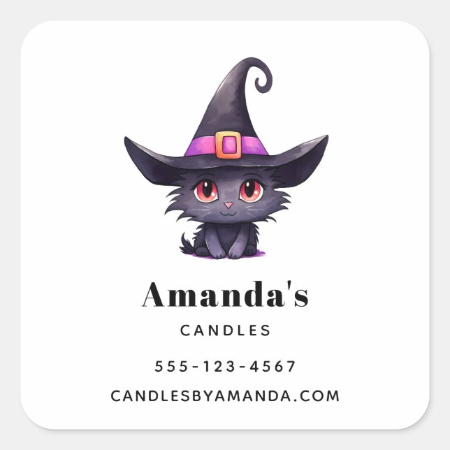 Cute Black Cat Wearing a Witch's Hat Business Square Sticker (Front)