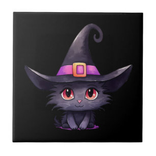 Cute Black Cat Wearing a Witch's Hat Ceramic Tile