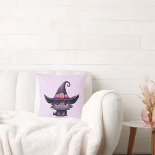 Cute Black Cat Wearing a Witch's Hat Cushion