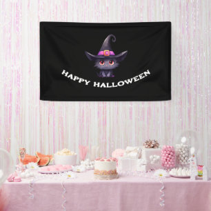 Cute Black Cat Wearing a Witch's Hat Halloween Banner