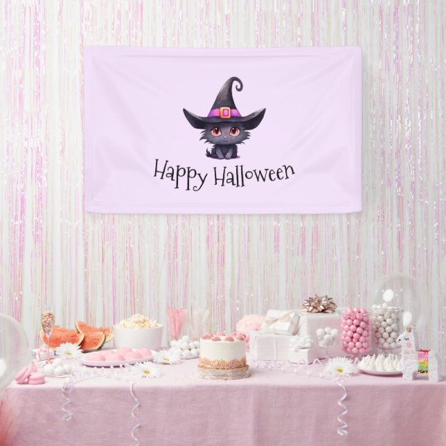 Cute Black Cat Wearing a Witch's Hat Halloween Banner (Party)