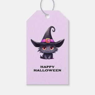 Cute Black Cat Wearing a Witch's Hat Halloween Gift Tags