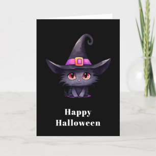 Cute Black Cat Wearing a Witch's Hat Halloween Holiday Card