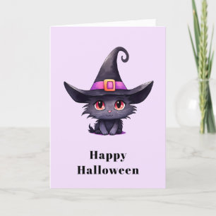 Cute Black Cat Wearing a Witch's Hat Halloween Holiday Card