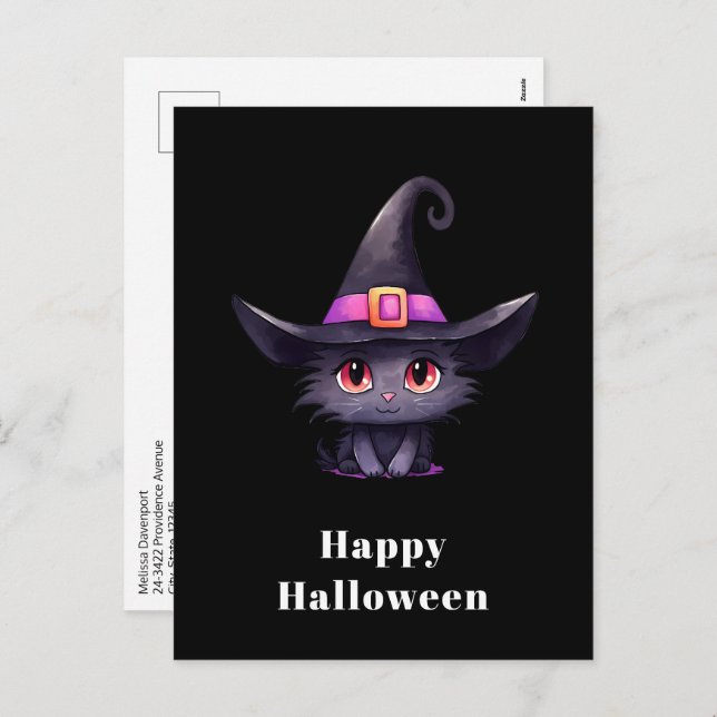Cute Black Cat Wearing a Witch's Hat Halloween Holiday Postcard (Front/Back)