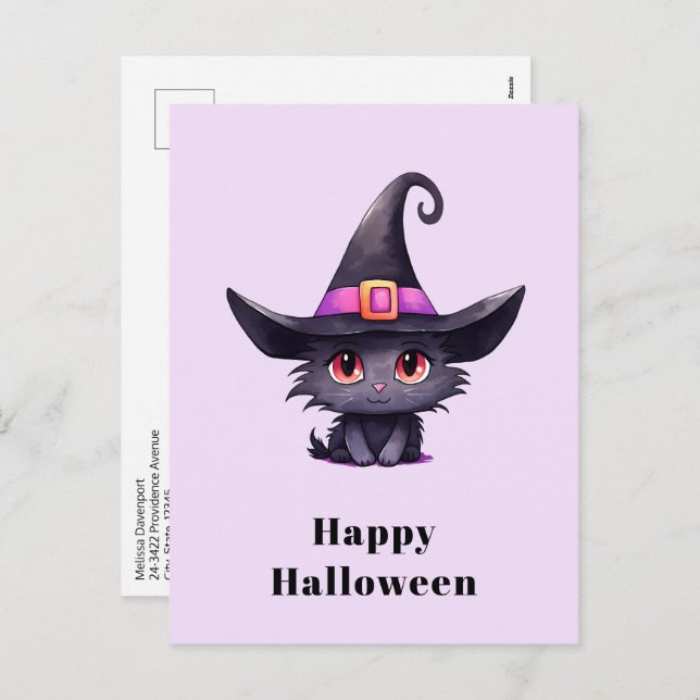 Cute Black Cat Wearing a Witch's Hat Halloween Holiday Postcard (Front/Back)
