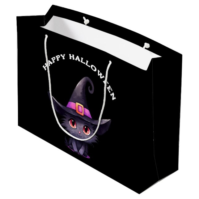 Cute Black Cat Wearing a Witch's Hat Halloween Large Gift Bag (Back Angled)