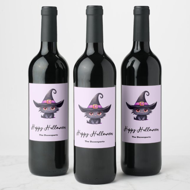 Cute Black Cat Wearing a Witch's Hat Halloween Wine Label (Bottles)