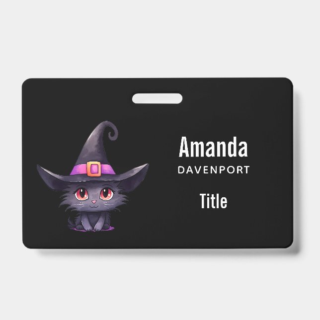 Cute Black Cat Wearing a Witch's Hat ID Badge (Front)
