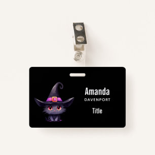 Cute Black Cat Wearing a Witch's Hat ID Badge