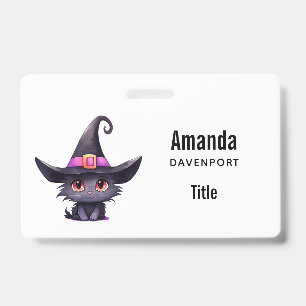 Cute Black Cat Wearing a Witch's Hat ID Badge