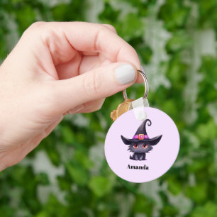 Cute Black Cat Wearing a Witch's Hat Key Ring