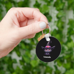 Cute Black Cat Wearing a Witch's Hat Key Ring