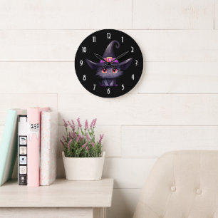 Cute Black Cat Wearing a Witch's Hat Large Clock