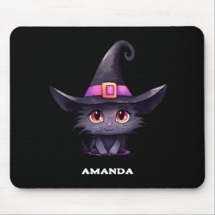 Cute Black Cat Wearing a Witch's Hat Mouse Pad