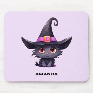 Cute Black Cat Wearing a Witch's Hat Mouse Pad