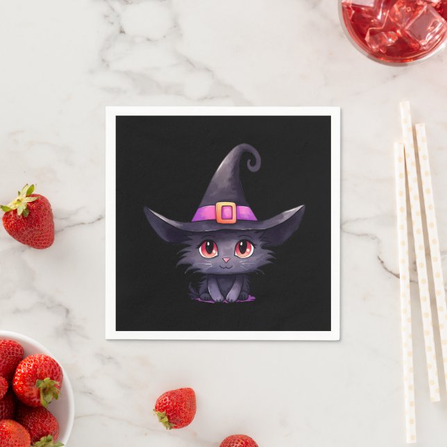 Cute Black Cat Wearing a Witch's Hat Napkin (Insitu)