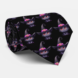 Cute Black Cat Wearing a Witch's Hat Pattern Tie