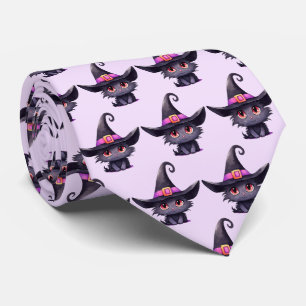 Cute Black Cat Wearing a Witch's Hat Pattern Tie
