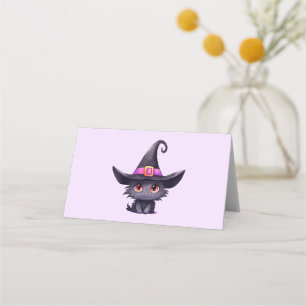 Cute Black Cat Wearing a Witch's Hat Place Card