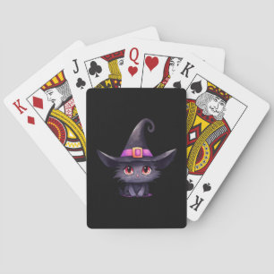 Cute Black Cat Wearing a Witch's Hat Playing Cards